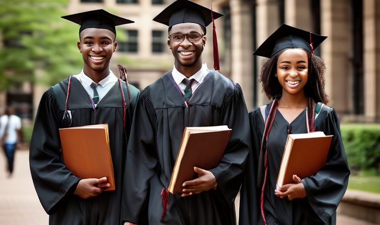 3 african students walking together with books university setting, in graduation gown png